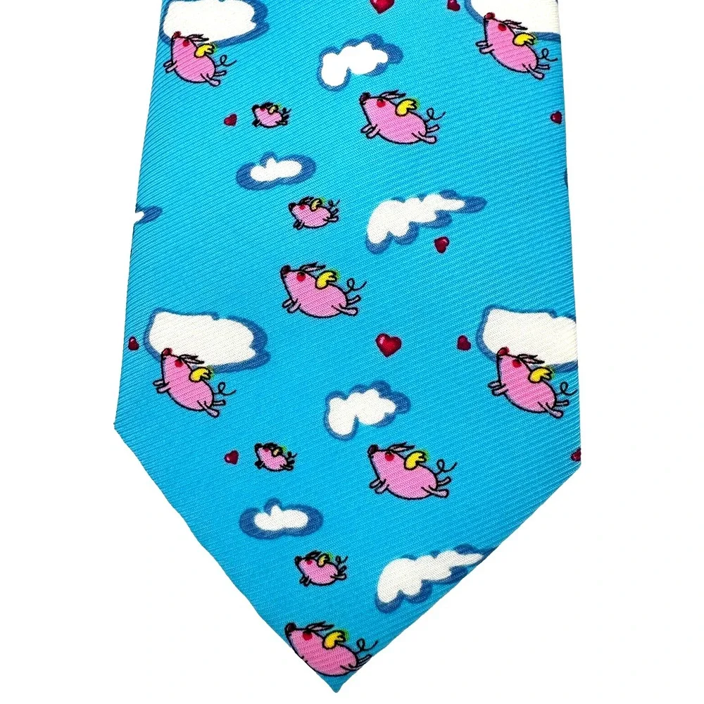 Flying Pig‎ Necktie Mens Blue Pink John William Eternal Optimist Polyester Tie